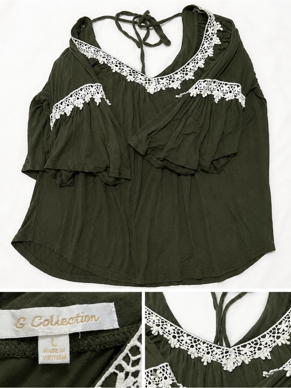 G Collection Olive Green Lace-Trim Peasant Blouse